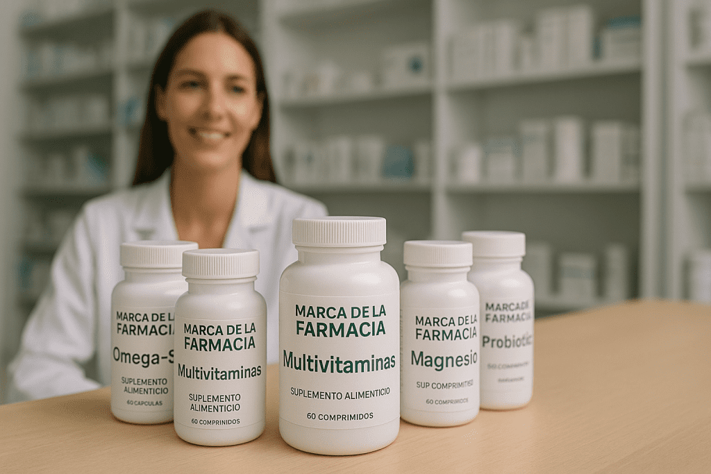 Farmacéutica en laboratorio moderno de suplementos alimenticios mostrando envases blancos con etiquetas en español -Multivitamínico, Magnesio, Vitamina D, Probióticos y Omega-3- en un entorno limpio, profesional y luminoso.