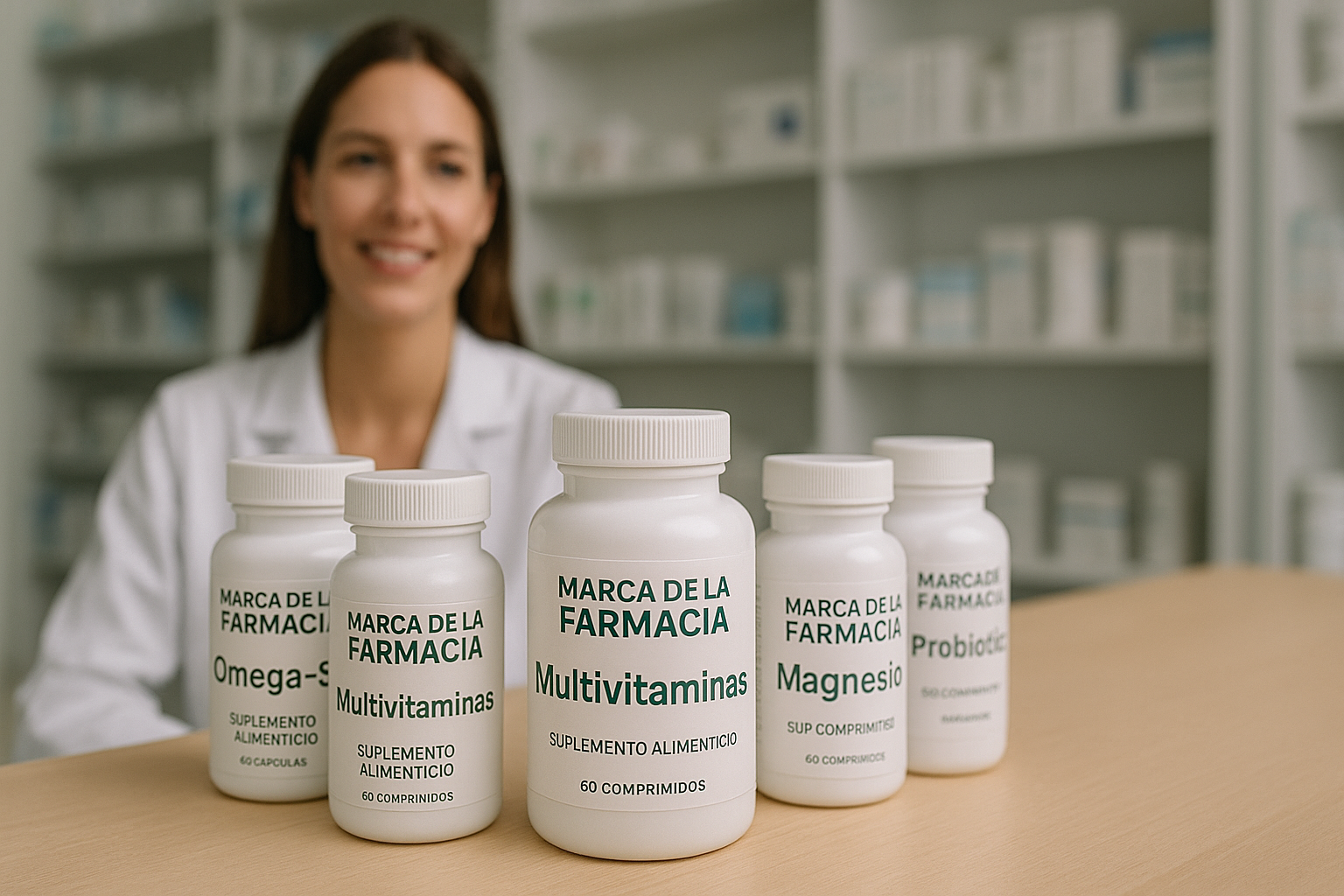 Farmacéutica en laboratorio moderno de suplementos alimenticios mostrando envases blancos con etiquetas en español -Multivitamínico, Magnesio, Vitamina D, Probióticos y Omega-3- en un entorno limpio, profesional y luminoso.